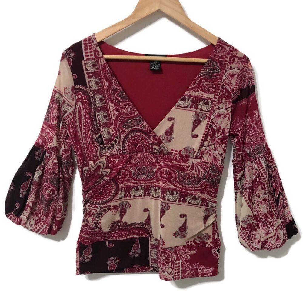 BCBGMaxAzria Red Boho Fitted Top Bell Sleeves Sz S